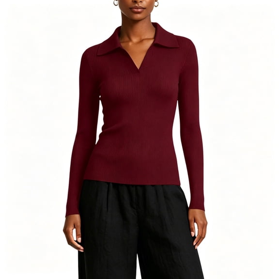 hoksml Women's Ribbed Long Sleeve Top Collar V Neck Slim Fitted Stretchy Basic Knit Blouse