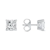 5MM Created Diamond Princess Cut Real 14K White Gold Earrings Studs Push Back
