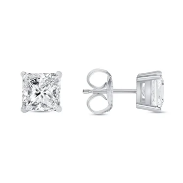 5MM Created Diamond Princess Cut Real 14K White Gold Earrings Studs Push Back