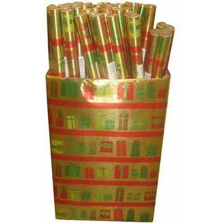 JAM Paper Christmas Design Gift Wrapping Paper, 12.5 sq. ft, Gold Foil with Presents, Sold Individually