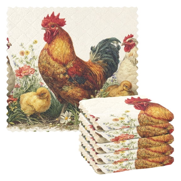6 Pieces of Kitchen Towels 11x11Inch Kitchen Dish Cloths Kitchen Dish Towels Reuseable Cleaning Cloths Chicken Group Flowers