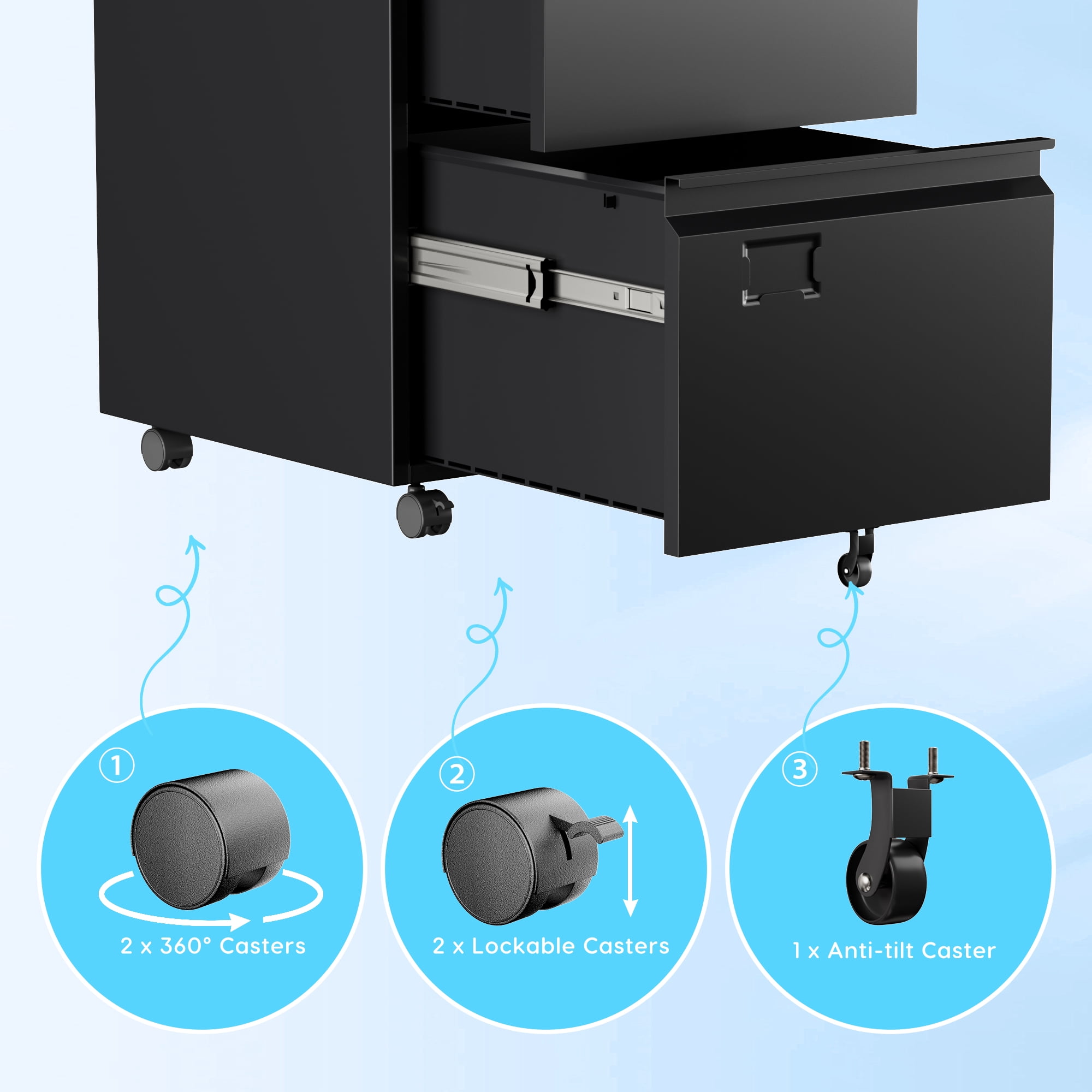 HUAXRON 2 Drawer Black Mobile File Cabinets with Lock, Under Desk Metal Movable Office Filing Cabinet, One  Pack, Assembly Required (Black)