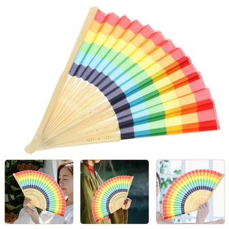 FRCOLOR Rainbow Style Hand Fan for Performance Multi Color Fabric Dancing Fan Bamboo Photo Prop 8.5 Inch