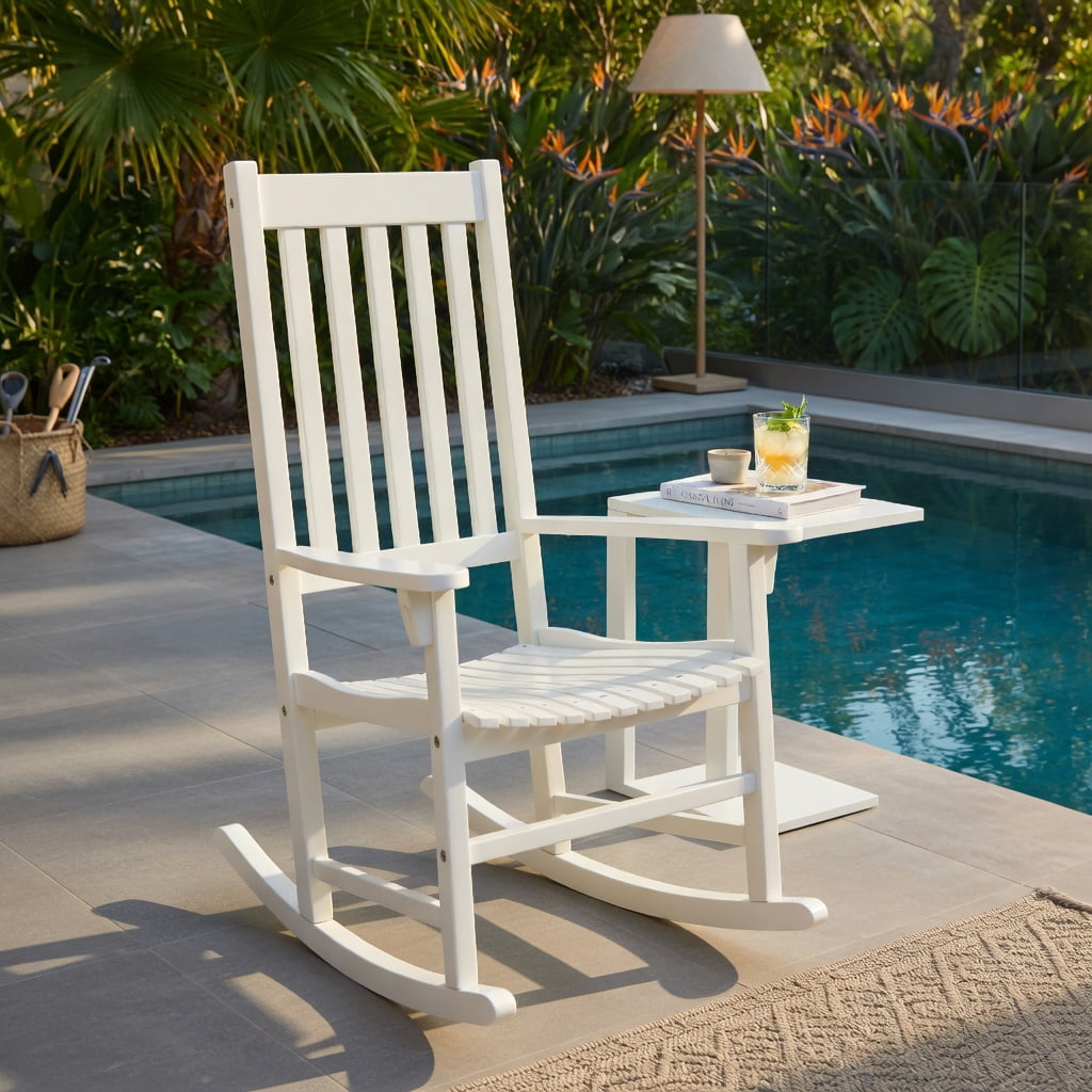 Hommoo Acacia Wood Indoor & Outdoor High-Back Rocking Chair, Weather-Resistant Patio Rocker for Backyard, Balcony & Living Room, White