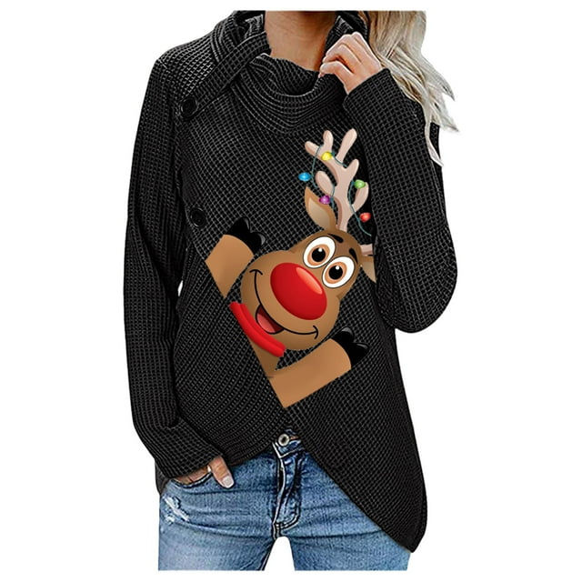 Femmes Hiver Sweatshirt Mi Longueur en Vrac Chemisier Noël Imprimé Pullover Chaud Col Rond Cardigan Pull de Mode de Noël Vêtements de Loisirs