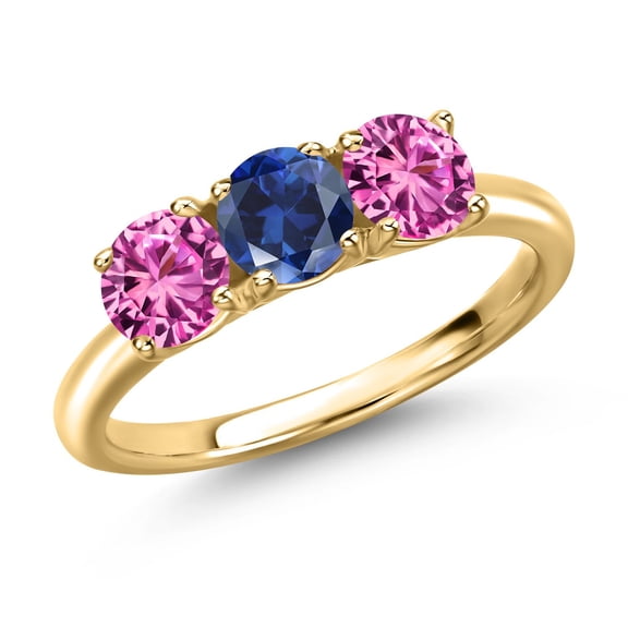 Gem Stone King 18K Yellow Gold Plated Silver Blue Created Sapphire and Pink Created Sapphire Engagement Ring for Women | 1.70 Cttw | Round 5MM | Gemstone September Birthstone | Size 8