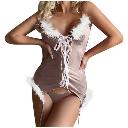 

KUNPENG Women s Sexy Lingerie Christmas Dress Flannel Plush Sling One-piece Suit Valentine s Nightgown Pajamas Khaki / L