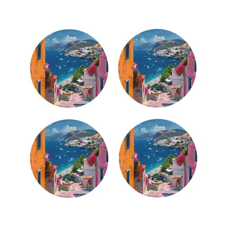 

Leather Coasters Set of 4 - Colorful Mediterranean Village Lightweight Non-Slip Drink Coasters for Desk Anti-Scalding Desk Cup Coasters for Office Table Decor Round Shape