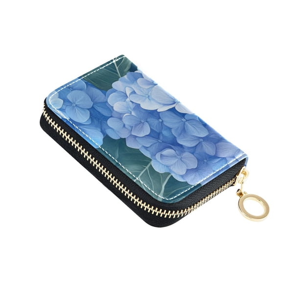Blue Hydrangeas Women's Credit Card Holder PU Leather Zipper Wallet RFID Blocking