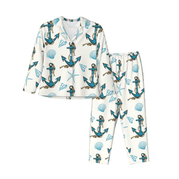 Fotbe Anchors And Shells Conjunto de Pijama de Manga Larga para Mujer con Estampado, Ropa de Dormir de 2 Piezas, Conjunto de Casa Suave y Cómodo con Bolsillos-Small