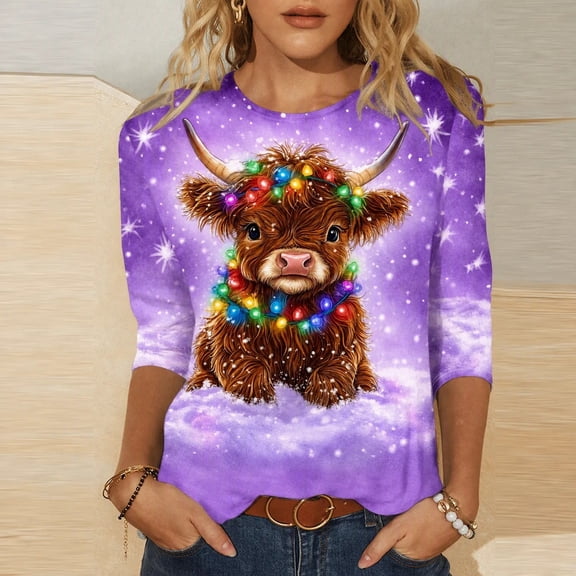CLOISE 3/4 Sleeve Tops Casual for Women Plus Size Christmas Cow Crew Neck Tee Shirts Pullover Slim Festive Holiday Photos Clothes S