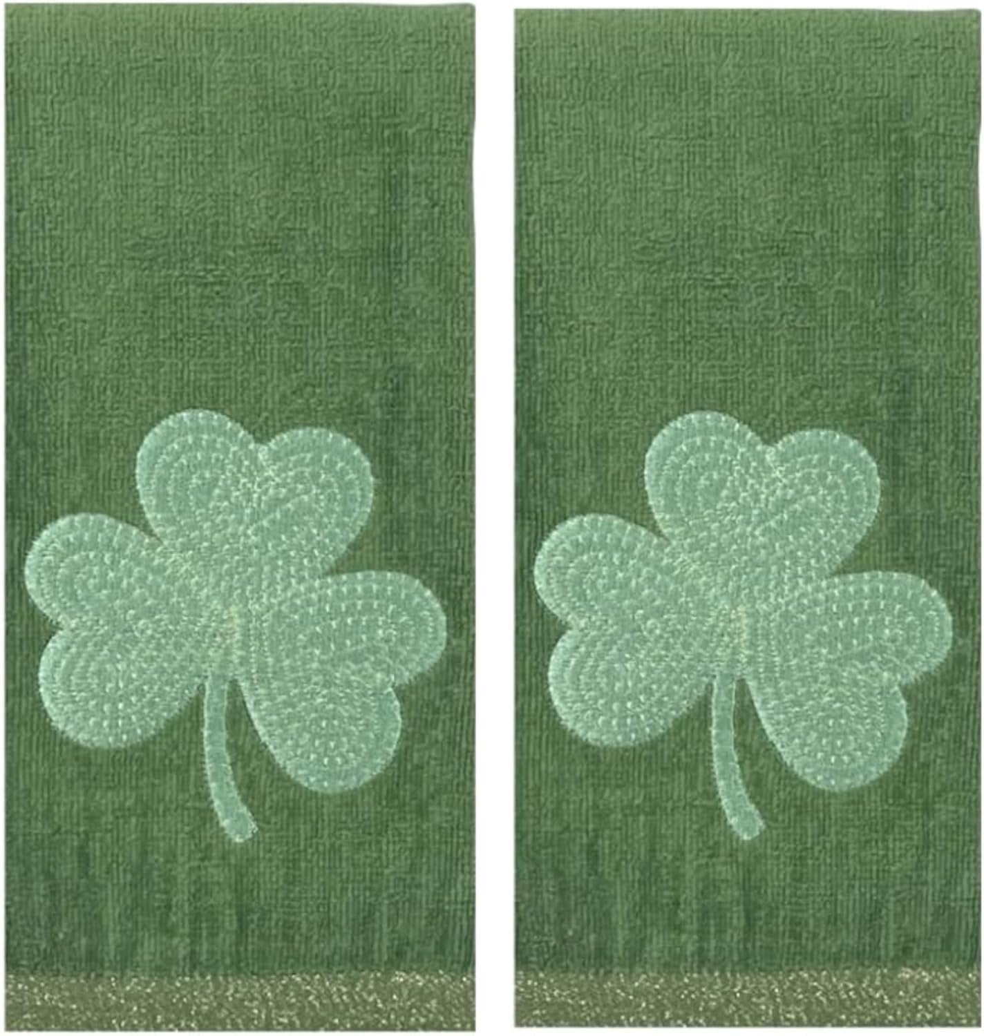 Serafina Home St. Patrick's Day Irish Kitchen Bath Guest Hand Fingertip Embroidered Towels 4 Pc Set: Triple Shamrocks 16" x 25" & Single Clover 12" x 18", Green,100% Terry Velour Cotton