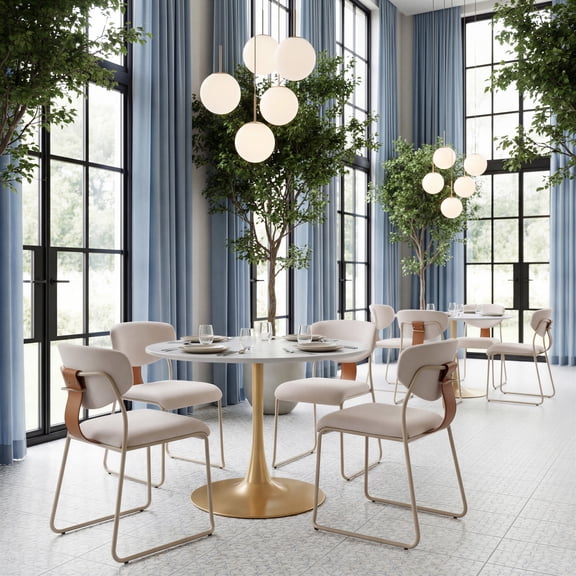 Opus Dining Table White & Gold Dining Table, Modern Style, Painted MDF round shape tabletop, Steel, Indoor Dining