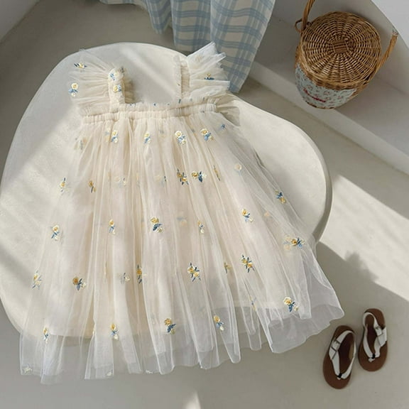 JUoaLXG Toddler Girls Casual Dresses Summer Fly Sleeves Embroider Princess Dance Party Floral Dress Streetwear,Beige,2-3 Years
