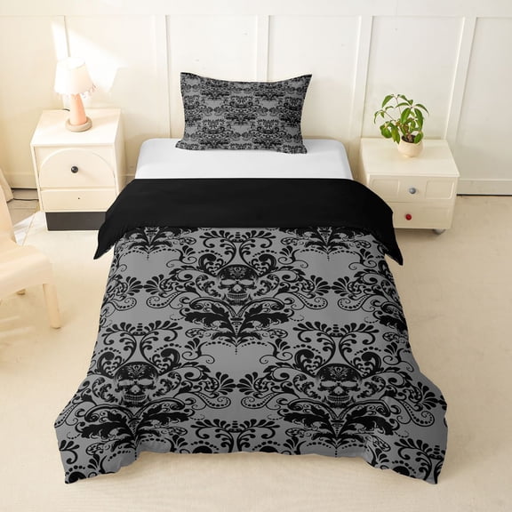 Homewish Halloween Skull Skeleton Twin Duvet Cover,Bohemian Damask Twin Bedding,Black Gray,Black Reversible,2 Pieces,1 Duvet Cover and 1 Pillowcase