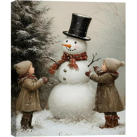 Framed Christmas Decoration, Vintage Christmas Snowman Boys Xmas Wall Art Prints, Vintage Christmas Pictures Artwork, Farmhouse Christmas Wall Decor for Home Indoor