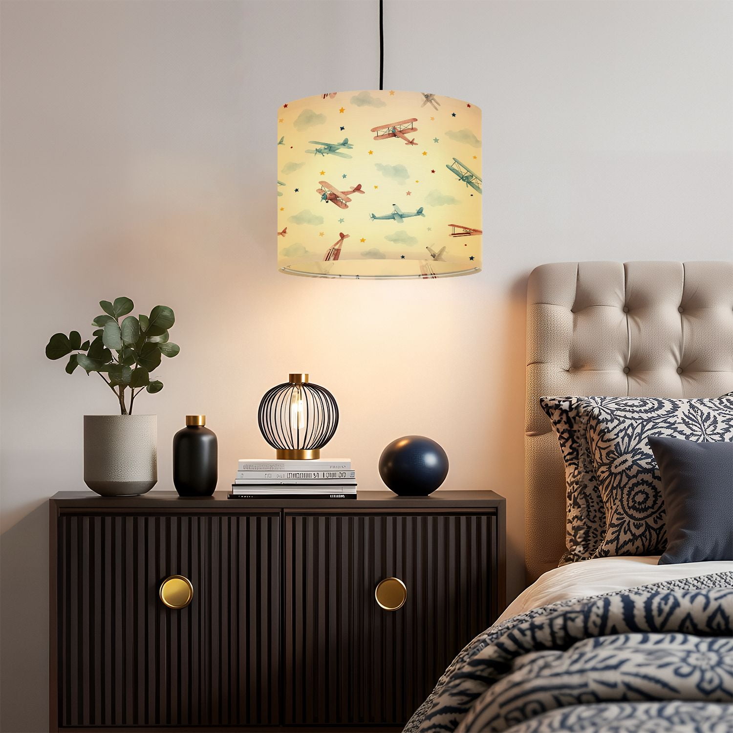 Boho Linen Drum Lampshades Cute kids watercolor for boy balloon airplanes 13"x13"x10" Light Shade for Table Lamps Floor Lamp Shades Lampshade Replacement Assembly Required