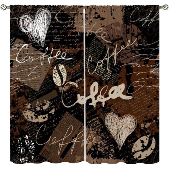 Coffee Kitchen Curtains,Abstract Graffiti Style Coffee Theme Vintage Brown Print Window Treatments for Bedroom Living Room Café Window Drapes 2 Panels Set,Total Size 52 x 84 Inch