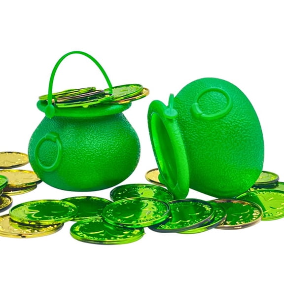 2.76x2 Inch St Patricks Day Pot of Gold Decorations,Green Pot of Gold Cauldron Plastic Bucket for Leprechaun Decorations,Green & Gold Coins Plastic,Favors Shamrock Themed Candy Party Supplies