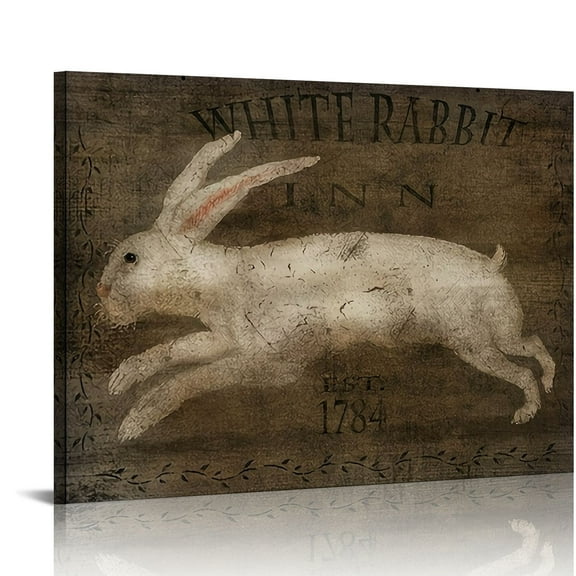 White Rabbit Inn Art Print, Vintage Bunny Oil Painting Canvas Poster, Easter Decor, Retro Wall Pictures Home Decoration, Wall Decor For Living Room Bedroom Office, framed