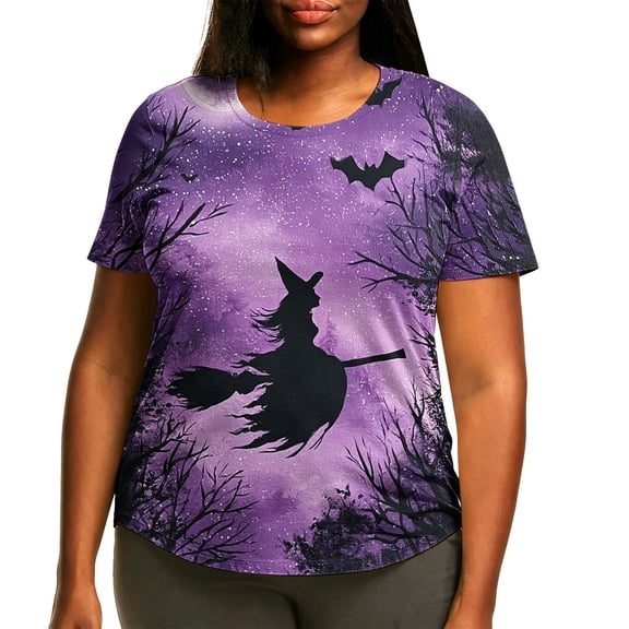jobturf Halloween Shirts for Women Plus Size Short Sleeve Crew Neck Graphic Tees Holiday Party Festival Loose Fit T Shirt XL