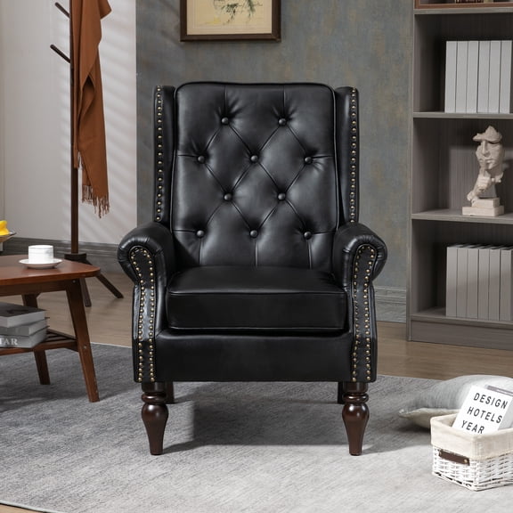 MAYEERTY Wood Frame Armchair, Modern Accent Chair Lounge Chair with Sturdy Wood Legs for Living Room Bedroom，Black PU