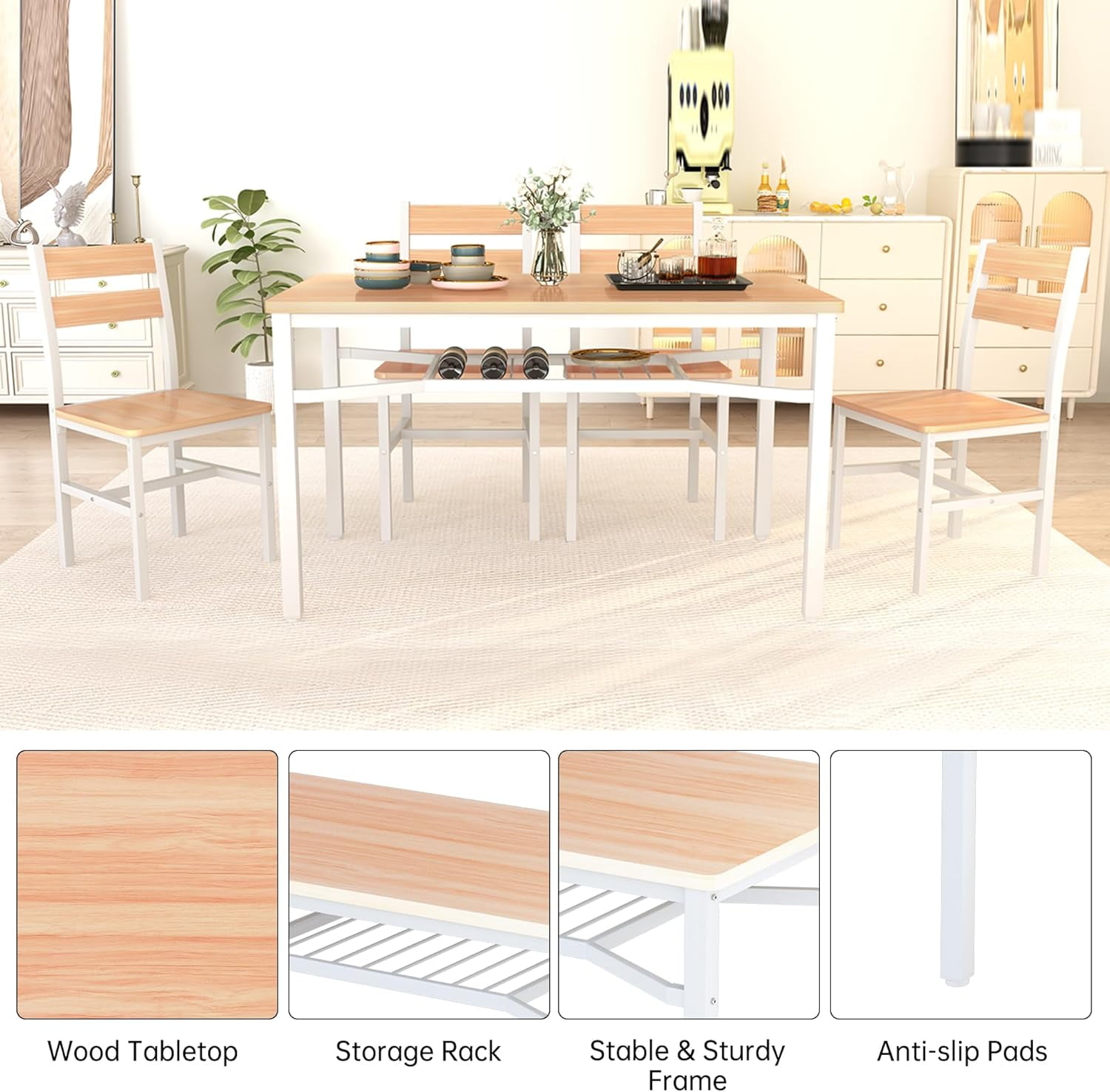 LinkRomat Dining Table Set for 4, Farmhouse Kitchen Table with 4 Wood Chairs, Dining Room Set for Breakfast Nook, Small Places, Restaurant, Beige