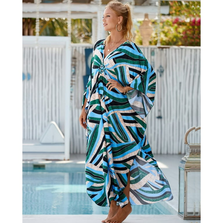 EDOLYNSA Plus Size Kaftan Dresses for Women Print Swimwear Cover up Beach Caftan Robe Maxi Loungewear