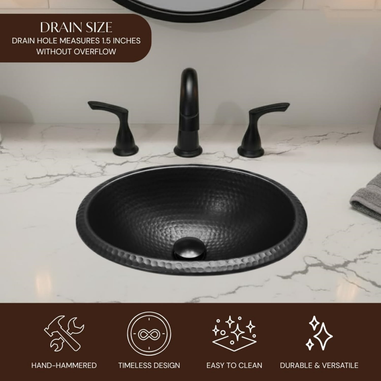 17-Inch Oval Drop In Bathroom Sink, Top Mount Hand Hammered Matte Black Vanity Sinks for Countertop, Powder Room, Guest Bath or Restroom, Drop in Sinks for Bathrooms