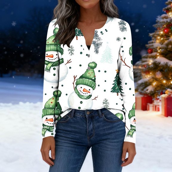 EchfiProm Vintage Shirts for Women Plus Size Green Pullover Long Sleeve Santa Print V Neck Xmas Females T Shirts
