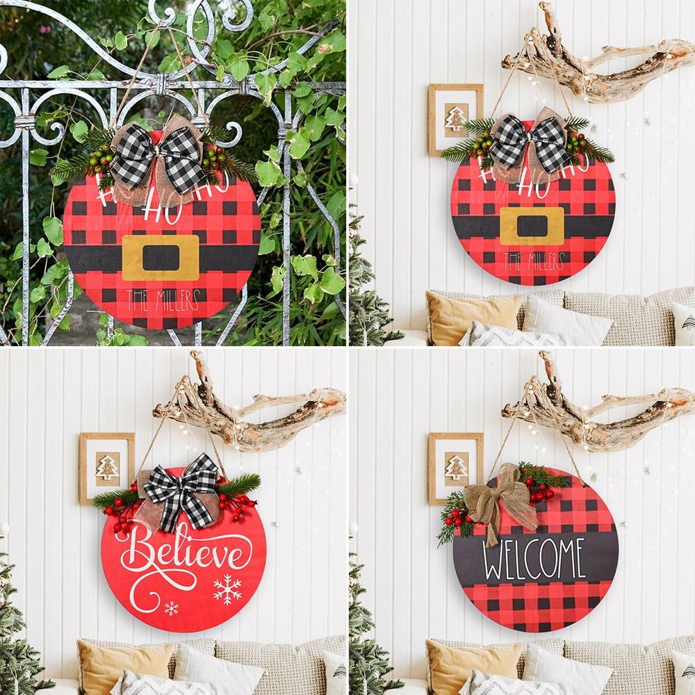 Merry Christmas Wooden Welcome Sign - 12x12 Inch Wreath With Red Plaid Bow, Front Door & Porch Decor