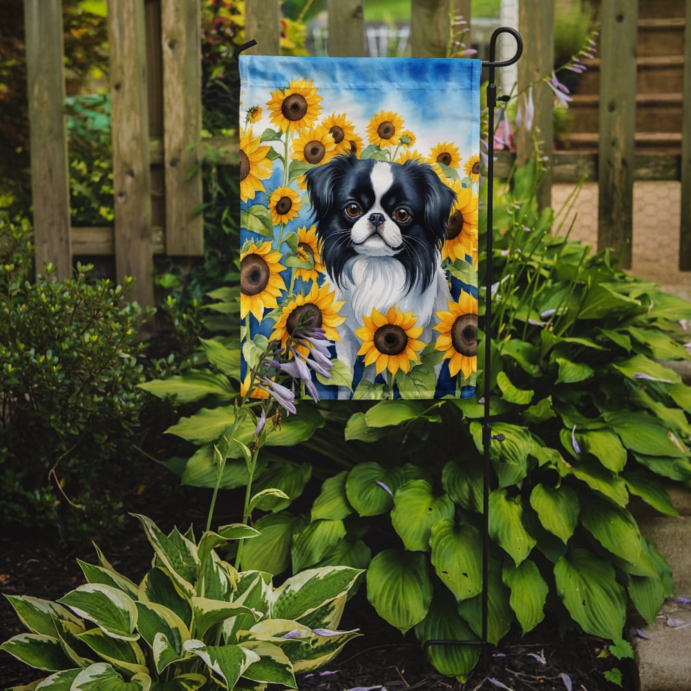 Japanese Chin in Sunflowers Garden Flag 11.25 in x 15.5 in