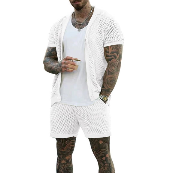 Men's 2 Pieces Outfits Summer Beach Set Hollow out Mesh Knited Cardigan See Through Short Sleeve Shirts and Shorts Sets White
