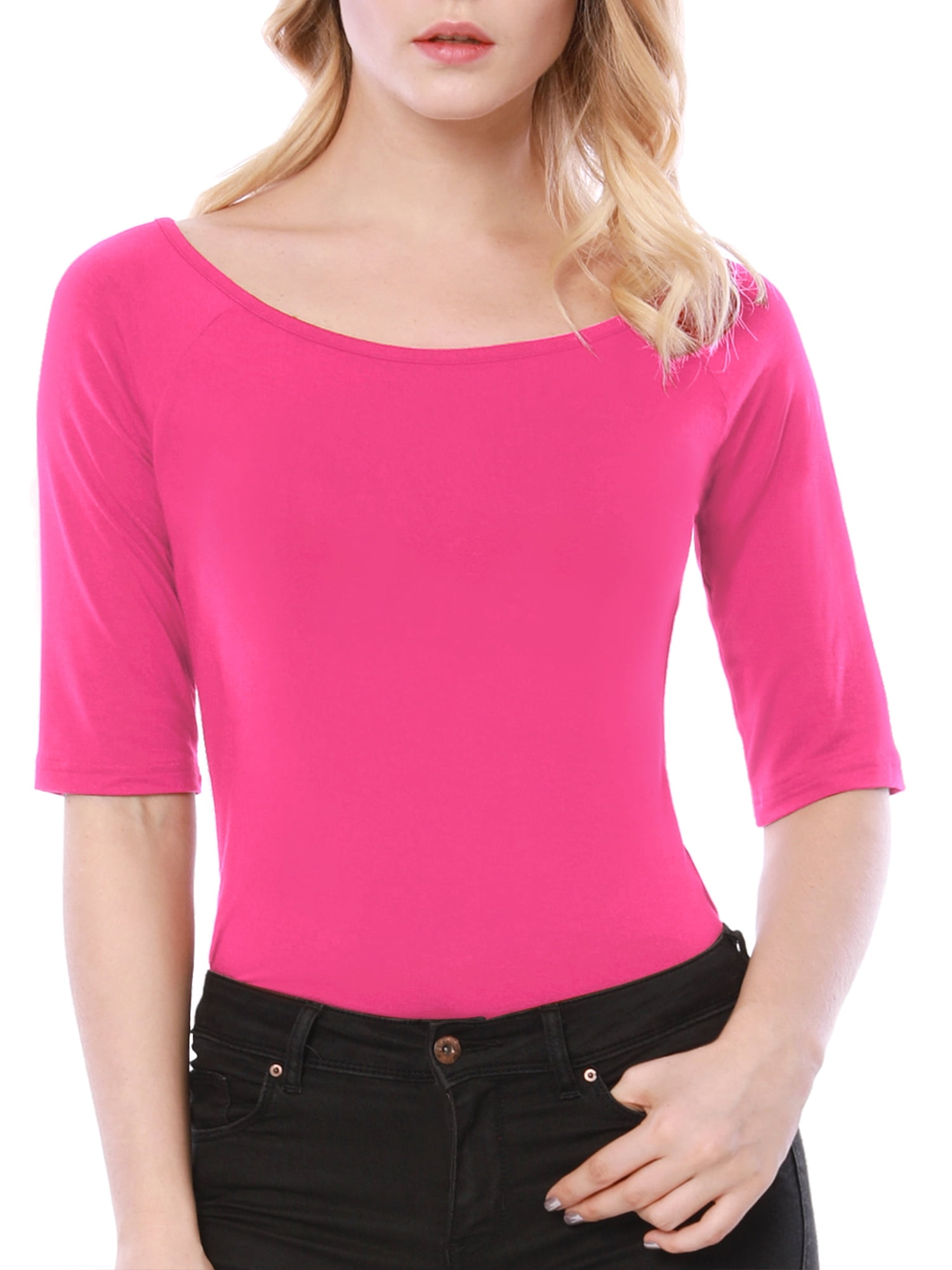 DARING DIVA Women's Slim Fit Pullover Boat Neck Stretchable T-Shirt M Hot Pink