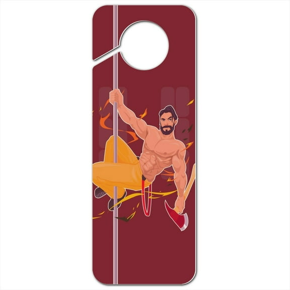 Sexy Fireman Sliding Down Pole With Axe Plastic Door Knob Hanger Sign