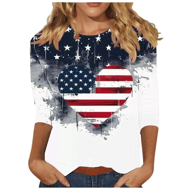 Tnhcen Hauts Graphiques Patriotiques à Manches 3/4 Col Rond Imprimé pour Femmes Automne - Chemises Amicales Grande Taille Automne S-3TG