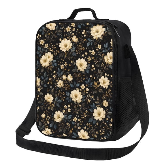Black Florald Lunch Bag Insulated Thermal Lunch Box with Shoulder Strap & Handle for Women and Men