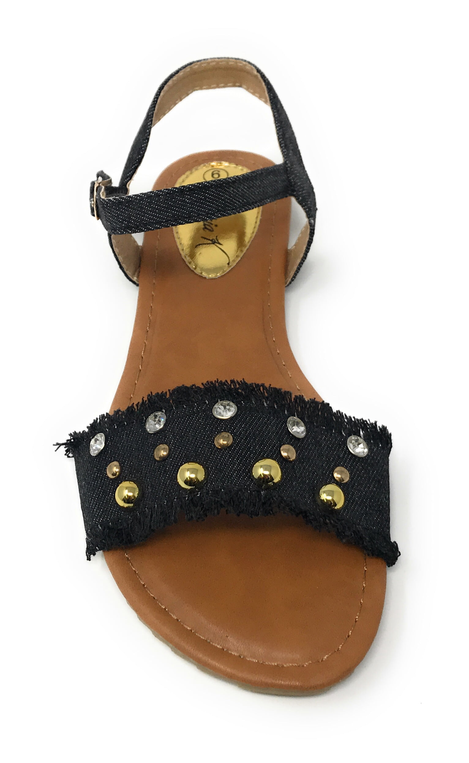 Victoria K Women's Fringed Denim With Studs And Rhinestone Sandals