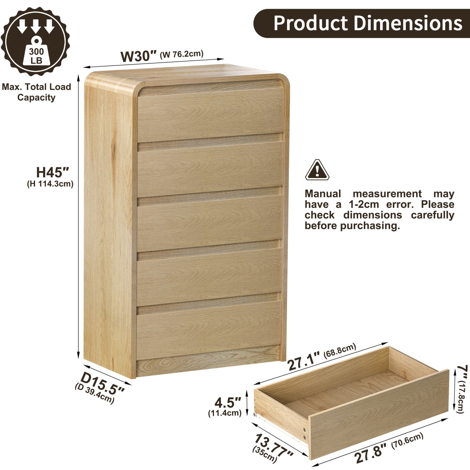 Hommoo BEROXII 45" Tall 5-Drawer Wood Dresser, Modern Curved Mid-Century Chest of Drawers for Bedroom, Living Room & Hallway, Natural