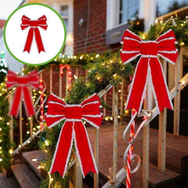 Lazo navideño de terciopelo rojo, cinta de alambre decorativa de cola de golondrina, tela flocada, 24,5 x 35 cm, para árbol o decoración navideña del hogar.,Vsgery