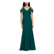 ALEX EVENINGS Womens Green Embellished Cold Shoulder Sleeveless V Neck Full-Length Formal Mermaid Dress Petites 10P