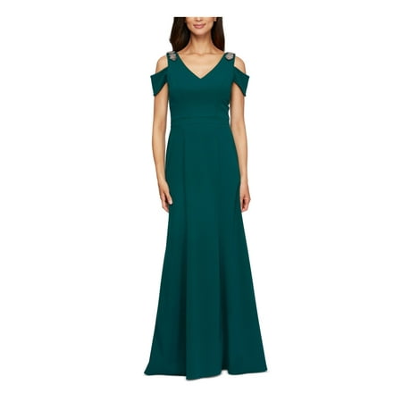 ALEX EVENINGS Womens Green Embellished Cold Shoulder Sleeveless V Neck Full-Length Formal Mermaid Dress Petites 10P