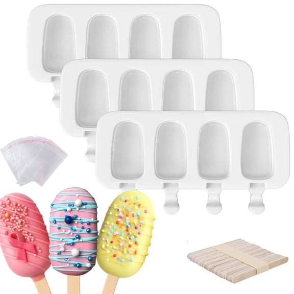 Popsicle Molds Set of 3, 12 Cavities Silicone Popsicle Molds & Ice Cake Pop Mold Maker Oval with 50 Wooden Sticks & 50 Self-adhesive Bags for DIY Cake and Ice Cream