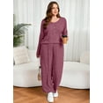 thumbnail image 2 of SHOWMALL Women's Plus Size 2 Piece Comfy Outfit Set – Long Sleeve Lounge Set Burgundy 3X Ribbed Knit Top and Pants, Perfect for Daily Casual Wear, 2 of 8