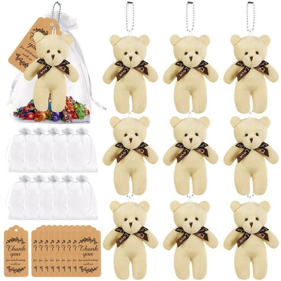 10PCS Mini Bear Stuffed Plush Bear, Mini Bear Bulk with Thank You Tag Organza Packing Bag, for Guest Baby Shower Souvenirs Birthday Christmas Gift