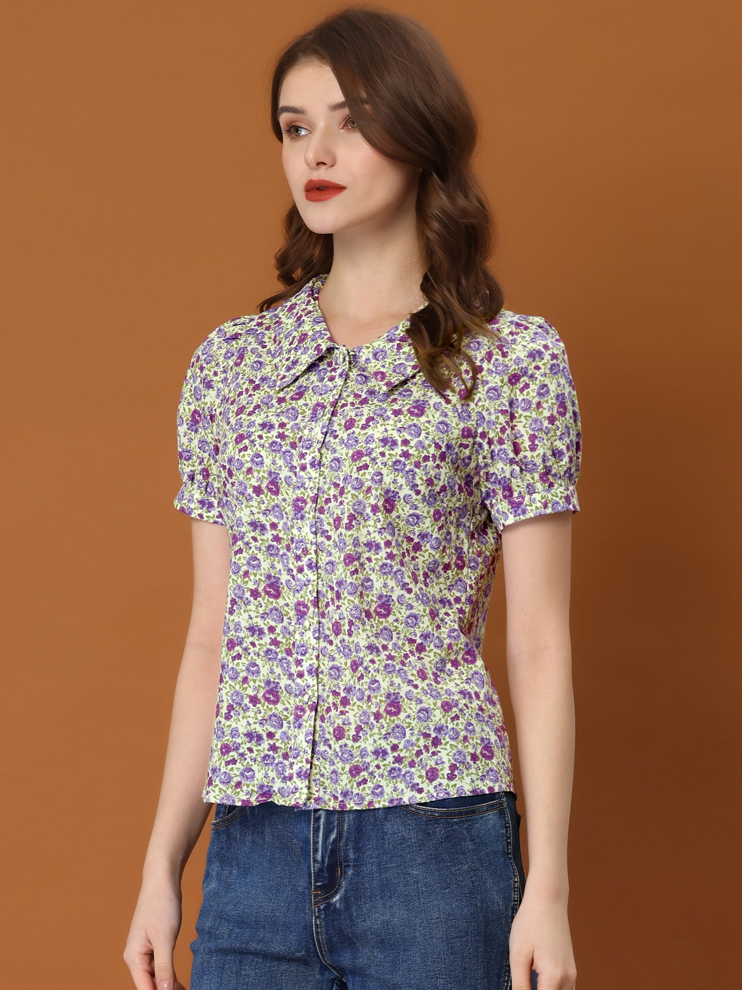 DARING DIVA Women's Turndown Collar Button Down Floral Blouse M Purple