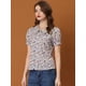 thumbnail image 2 of Blusa de manga abullonada floral con cuello en punta de camisa abotonada para mujer Allegra K Púrpura XL, 2 of 6