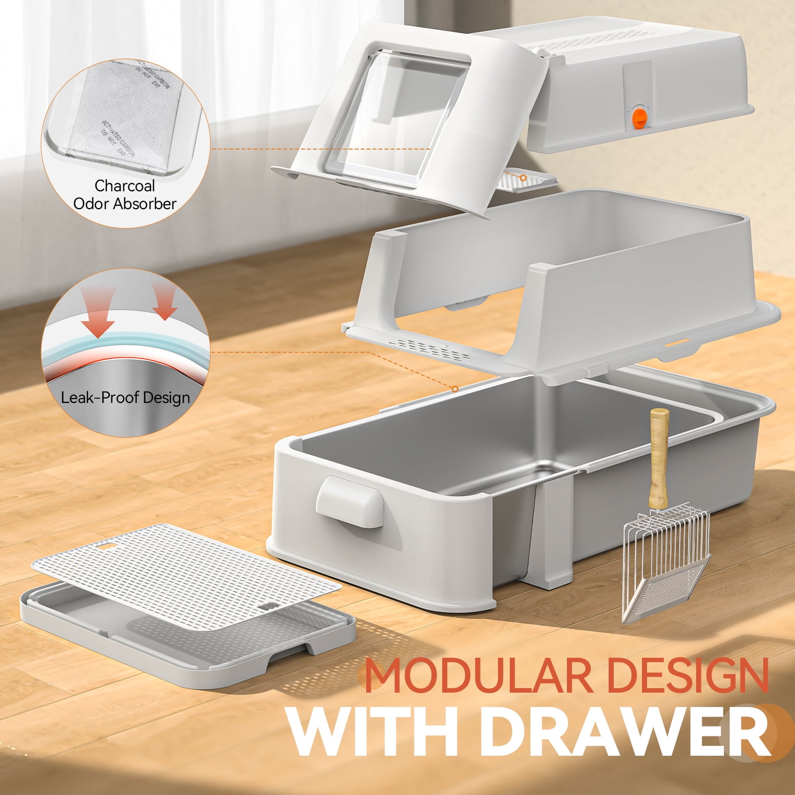 Covered Stainless Steel Cat Litter Box with Odor Control, Modular Design with Drawer, Easy to Clean with Scoop,XL Size Fits All Cats (Light Grey)
