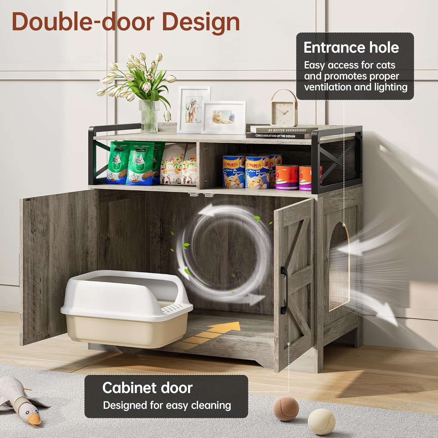 SELOOYE Cat Litter Box Enclosure, Ultra-Large Hidden Litter Box Furniture with 2 Open Drawers, Pet House, Fit Most of Litter Box, Grey