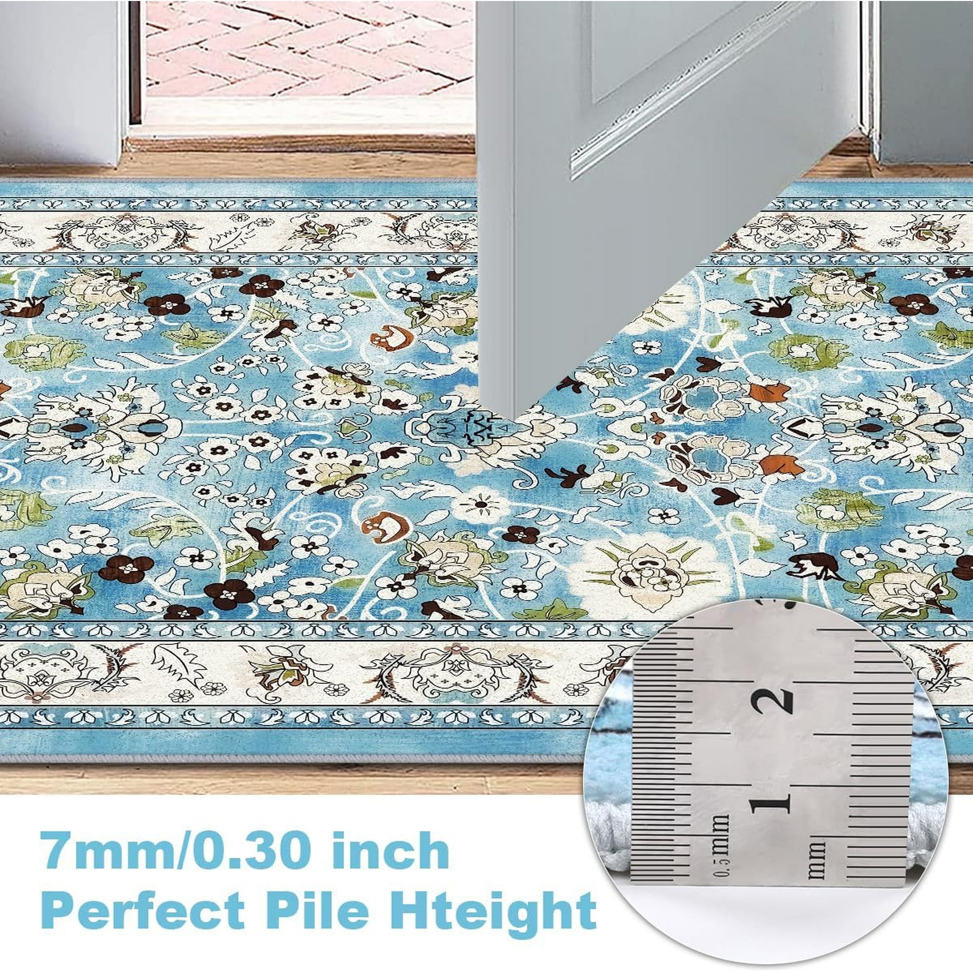 MJIAexp 2' x 6' Boho Floral Kitchen Runner Rug Machine Washable Runner Rug Non-Slip Hallway Runner Laundry Rug Throw Carpet for Living Room Bedroom Dining Room Entryway Kitchen Blue